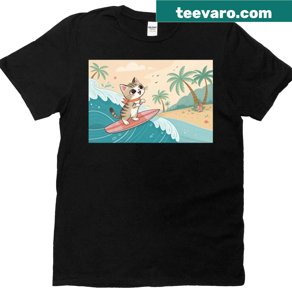 Cartoon cat surfing on a board in a t-shirt — on a men's t-shirt