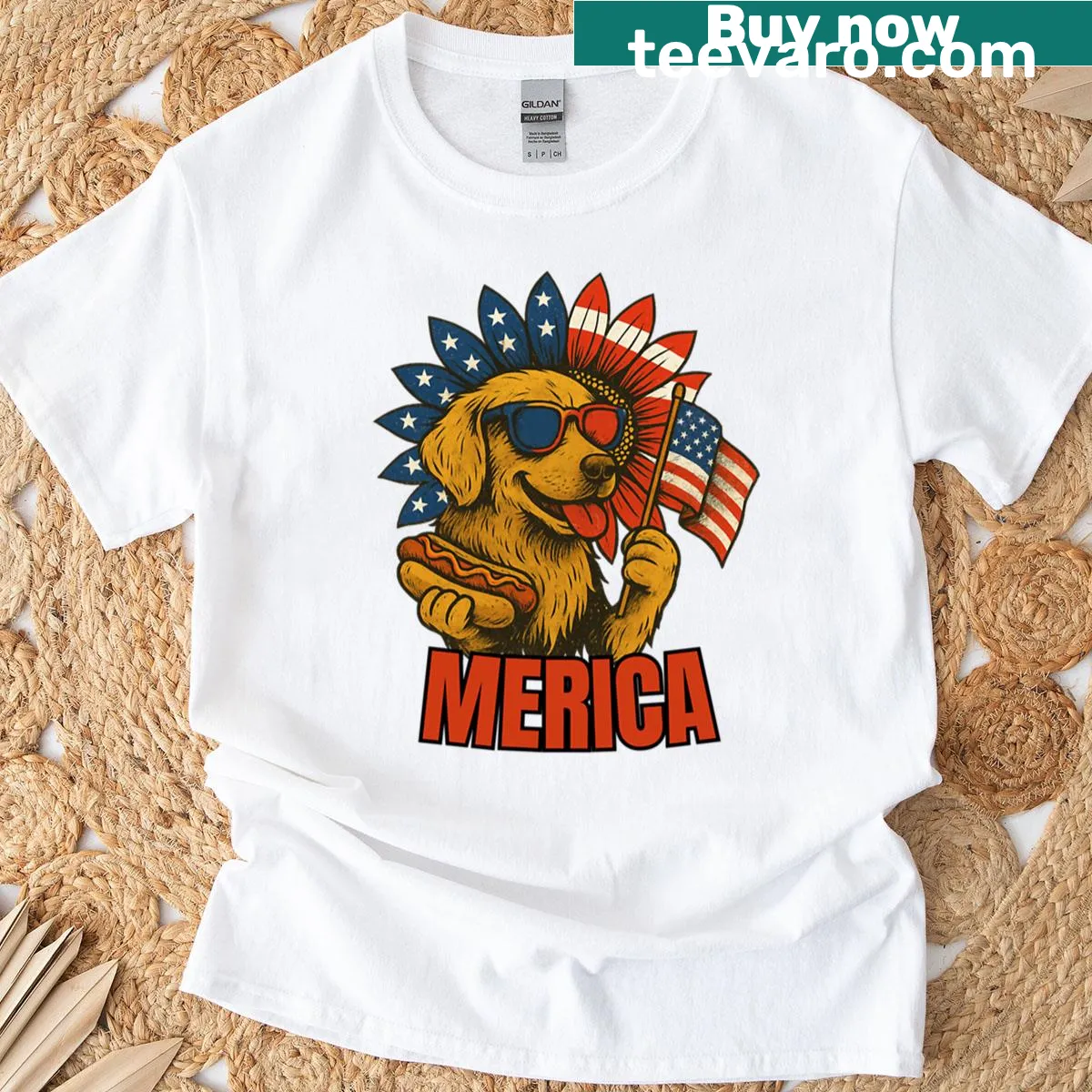 Patriotic T-shirt featuring a Labrador and USA flag — on a men's t-shirt