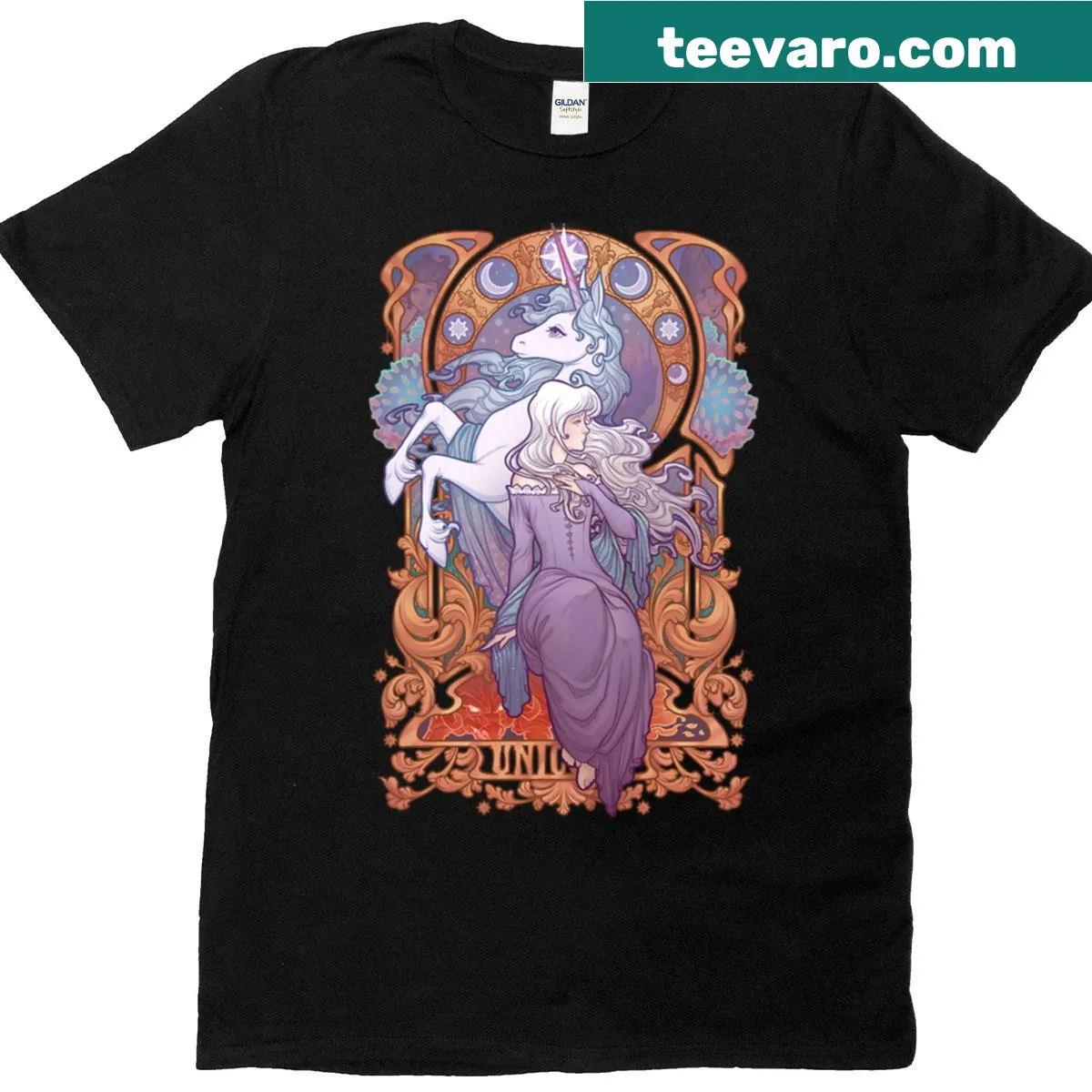 Fitted t-shirt featuring Lady Amalthea from The Last Unicorn. — on a men's t-shirt