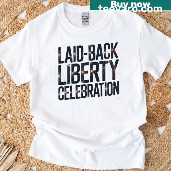 Casual t-shirt promoting laid-back vibes for the Fourth of July.
