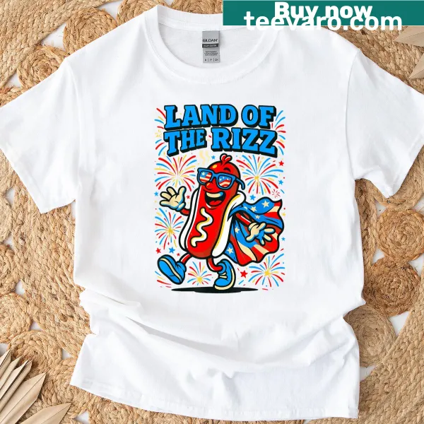 Fourth of July t-shirt with hotdog and fireworks illustration on American flag