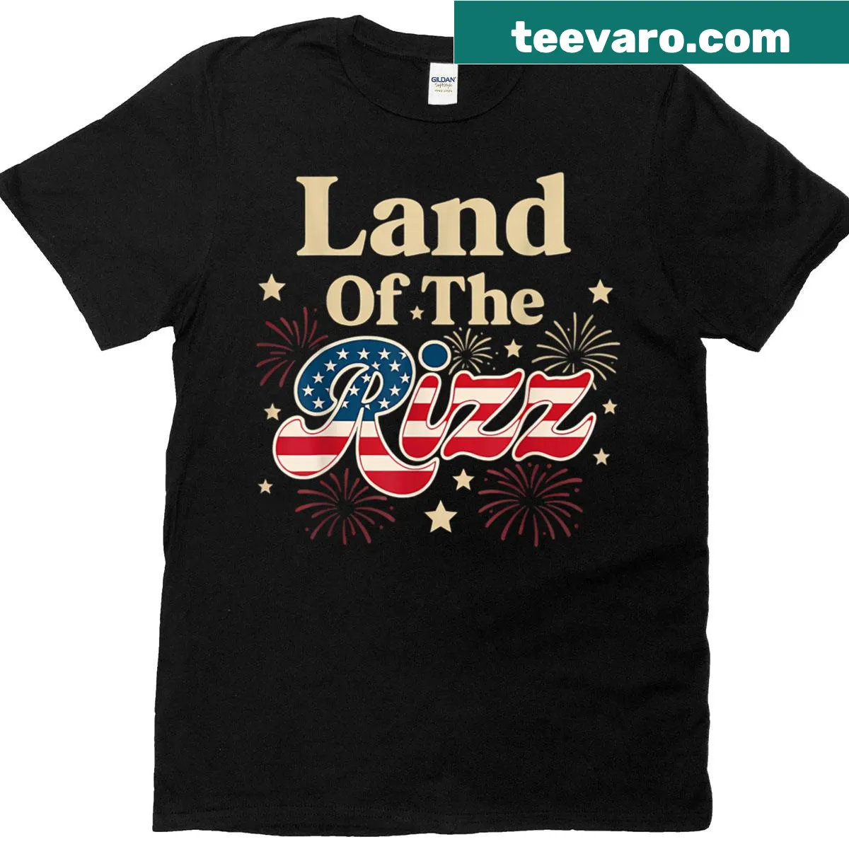 Patriotic t-shirt with 'Land Of The Rizz' and American flag — on a men's t-shirt