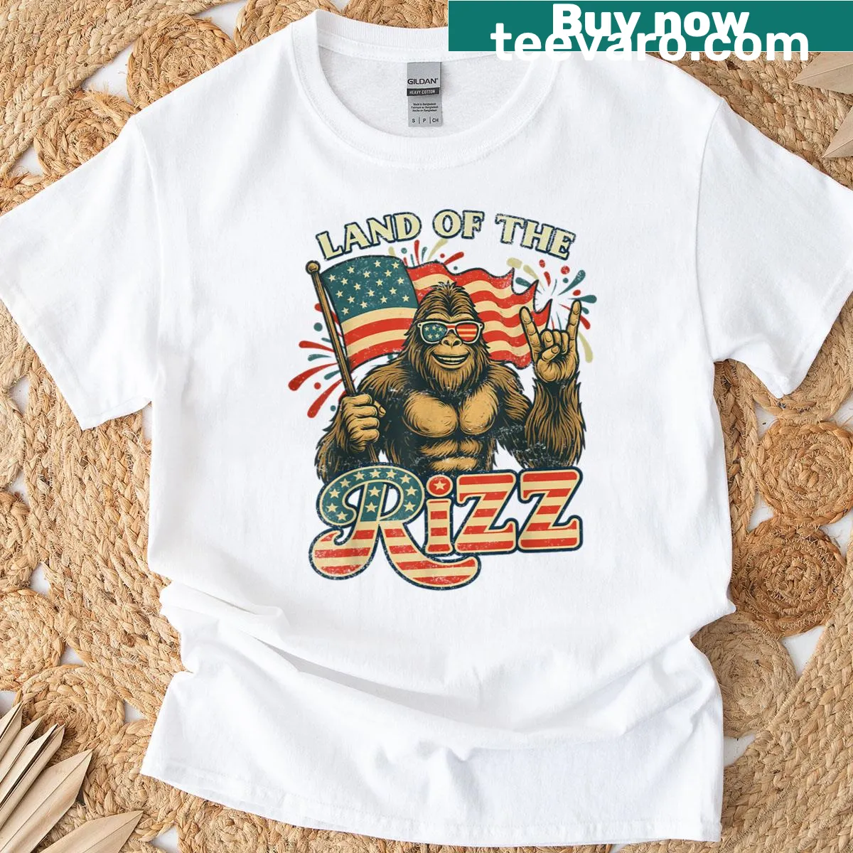 Playful Bigfoot graphic for July 4th celebration — on a men's t-shirt