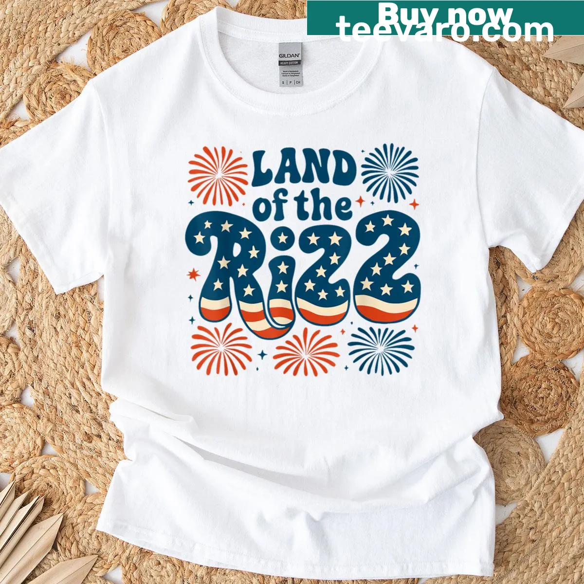 Cartoon fireworks and American flag graphic for July 4th — on a men's t-shirt