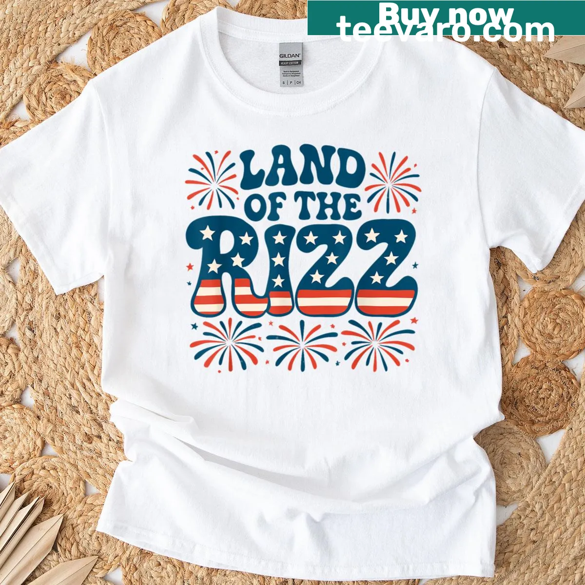 Groovy patriotic T-shirt featuring 'Land Of The Rizz' and fireworks — on a men's t-shirt