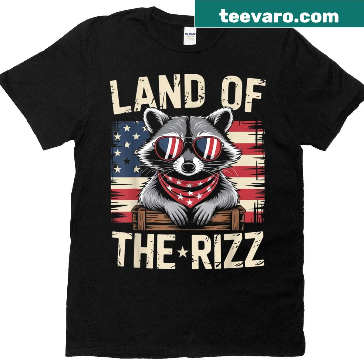 Patriotic T-shirt featuring a raccoon with American flag for 4th of July — on a men's t-shirt