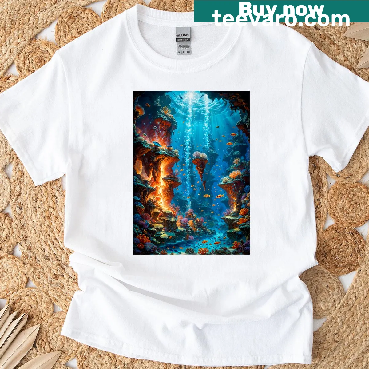 Underwater scene on a t-shirt featuring coral and marine life — on a men's t-shirt