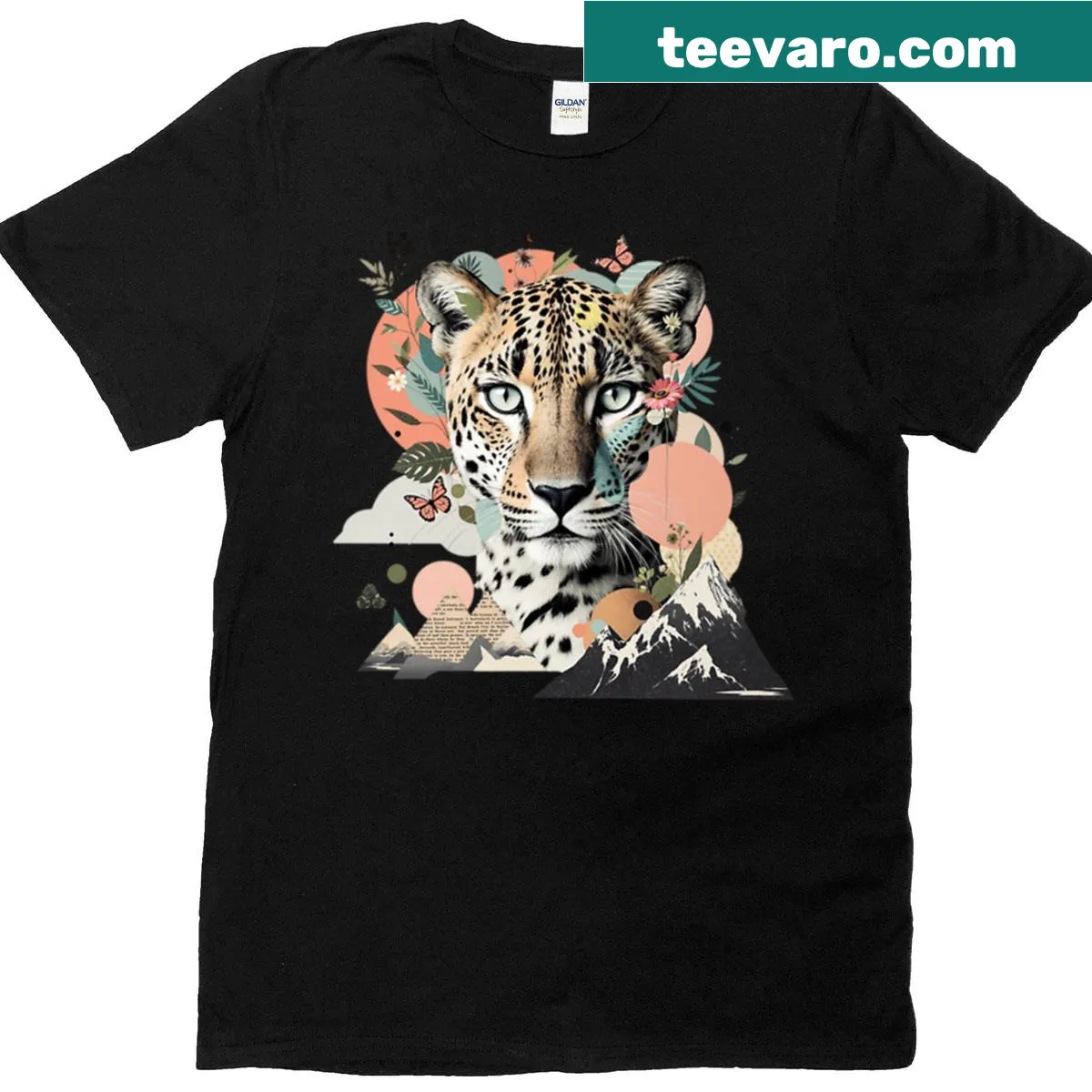 Animal print T-shirt with leopards, butterflies, and jungle scenery — on a men's t-shirt