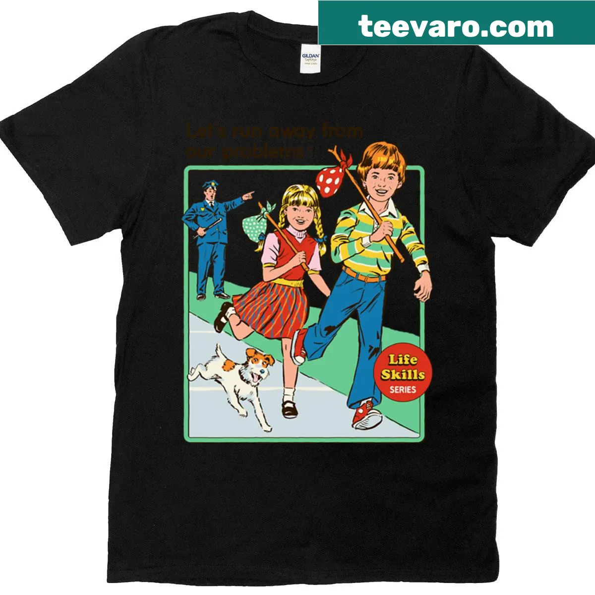 T-shirt featuring the text 'Let's Run Away' in bold typography. — on a men's t-shirt