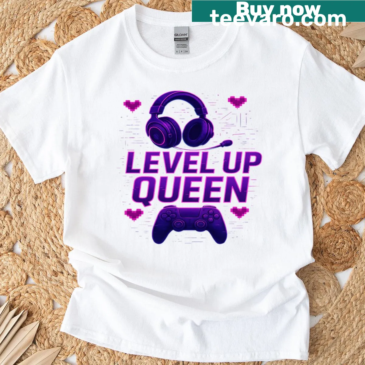 Inspirational typography design saying 'Level Up Queen' on T-shirt — on a men's t-shirt
