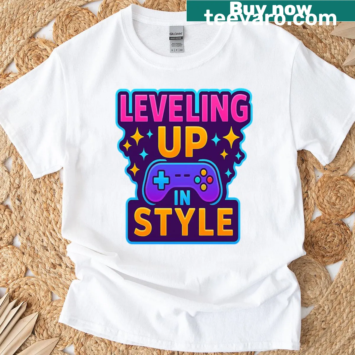 Motivational design with text 'Leveling Up In Style' on T-shirt — on a men's t-shirt
