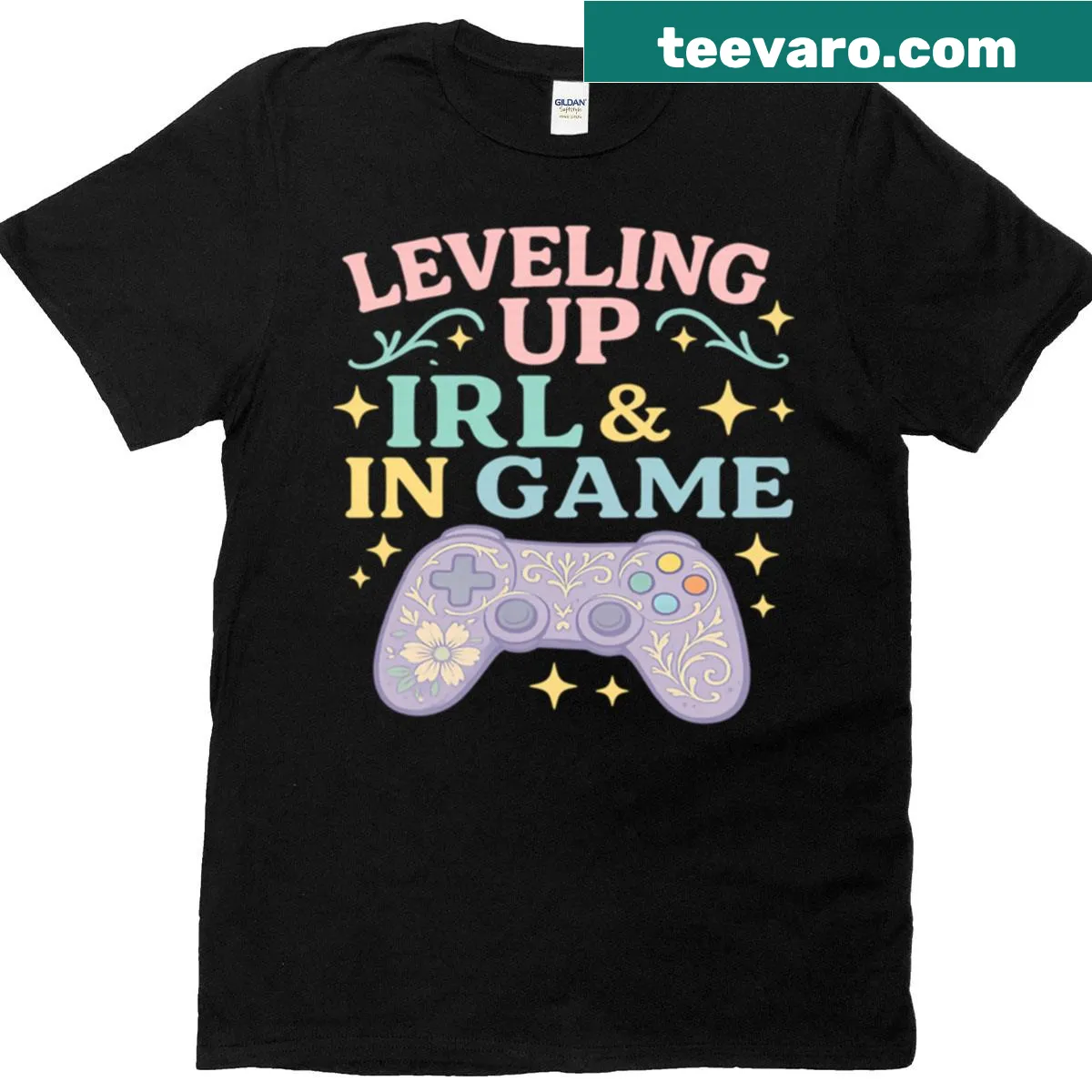 T-shirt with the text 'Leveling Up IRL and In Game' in playful design. — on a men's t-shirt