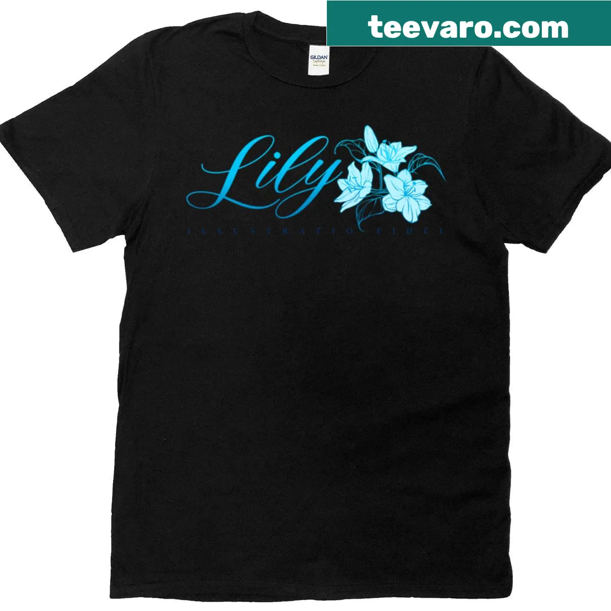 T-shirt with an elegant lily design and 'Illustratio Fidei' text — on a men's t-shirt