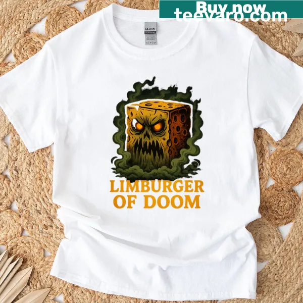 Cartoon-style haunted cheese graphic on a t-shirt