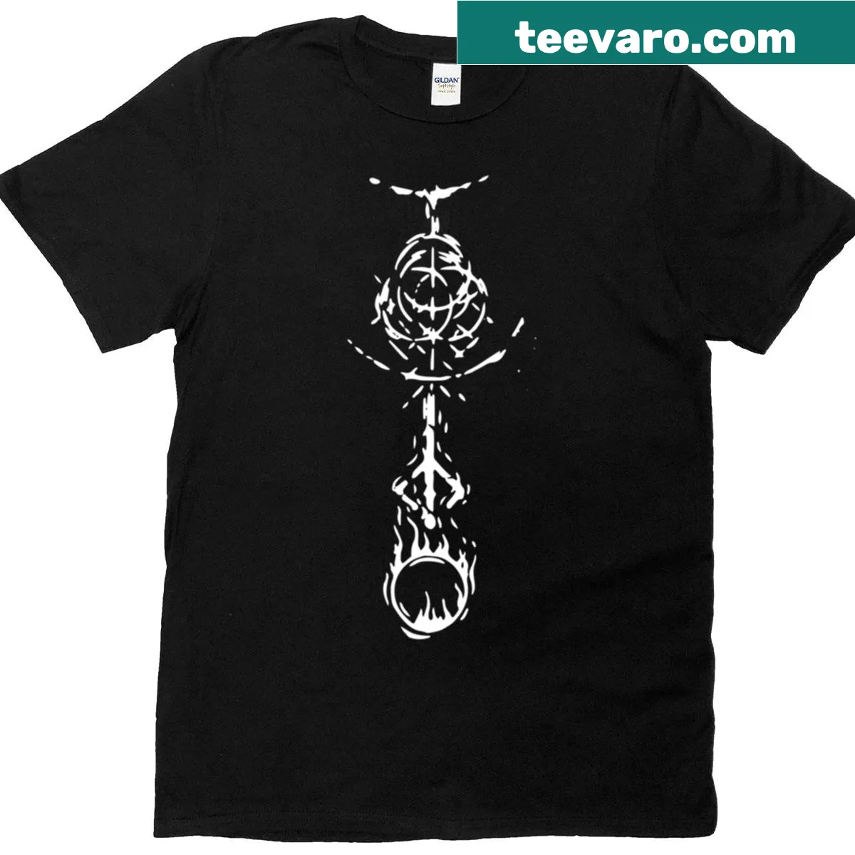 T-shirt featuring intricate line art inspired by Elden Ring gameplay. — on a men's t-shirt