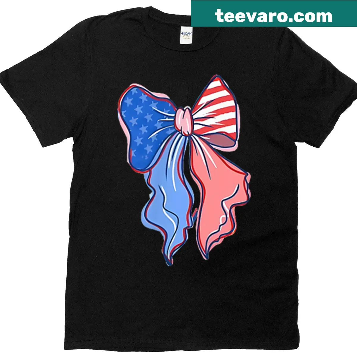 Two-sided t-shirt featuring Little Miss Firecracker with a bow for July 4th — on a men's t-shirt