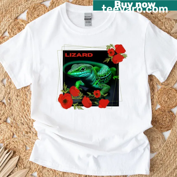 Illustration of a lizard among poppies on a t-shirt
