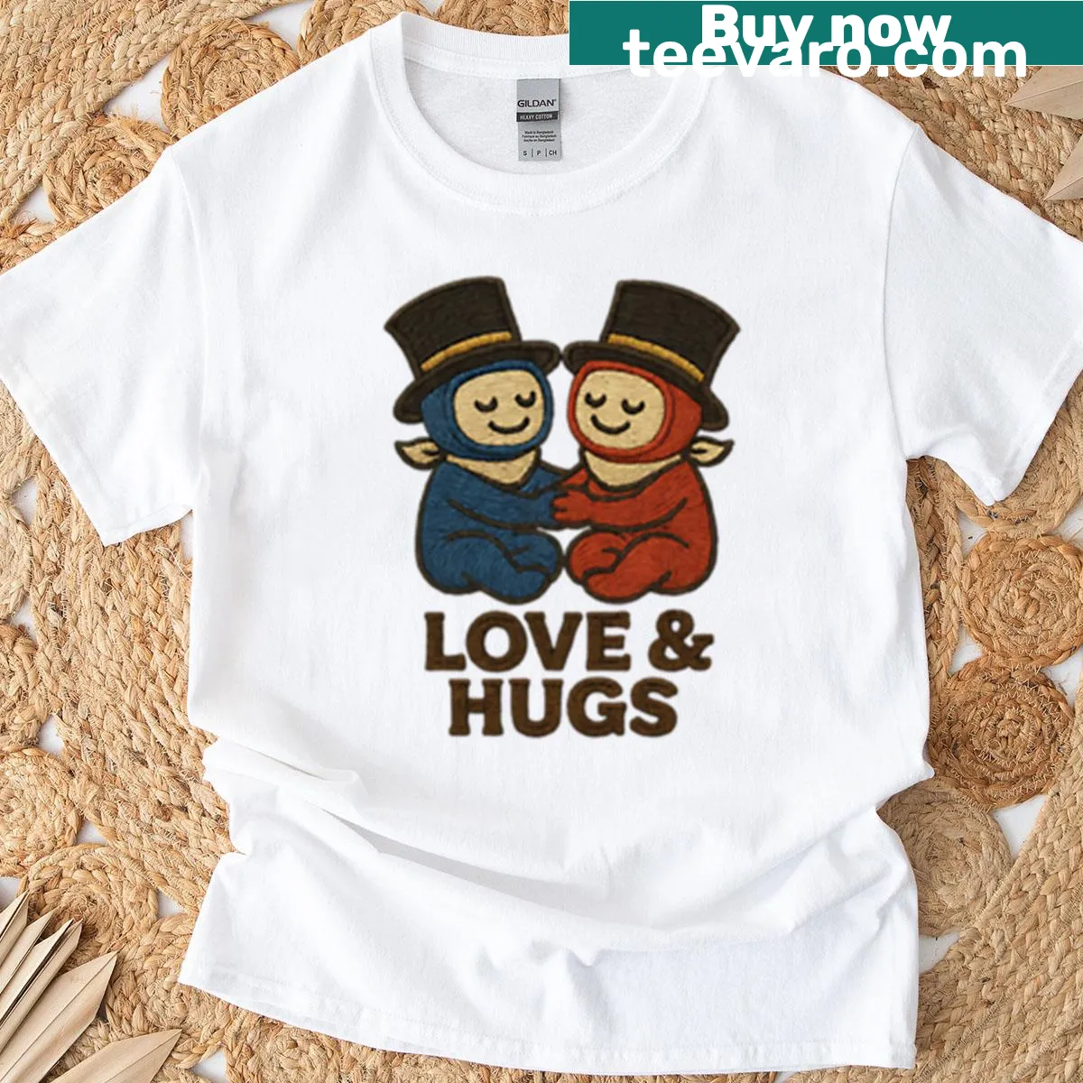 Embroidered couple hugging design on a t-shirt. — on a men's t-shirt