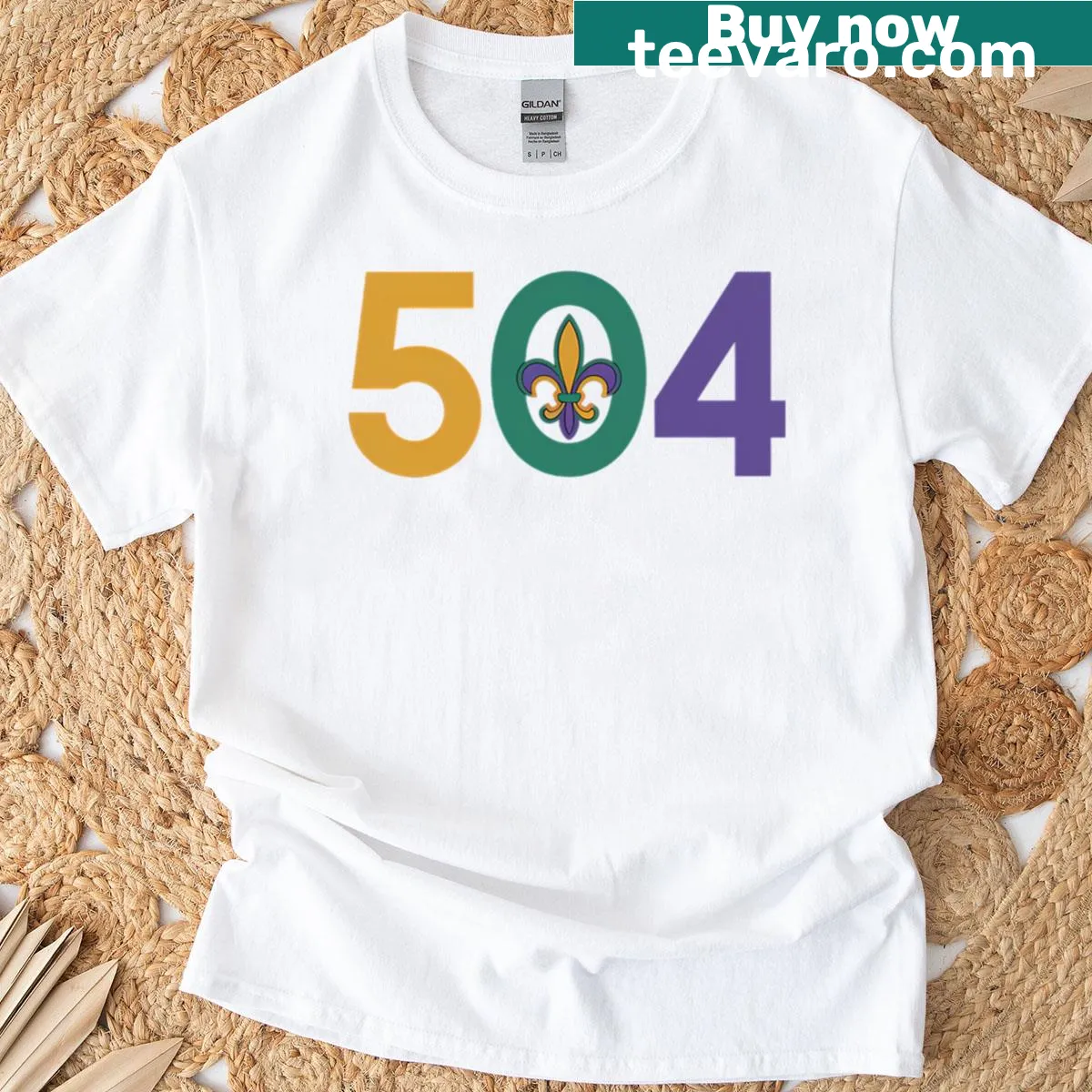 Mardi Gras themed t-shirt with festive illustrations and '504' — on a men's t-shirt