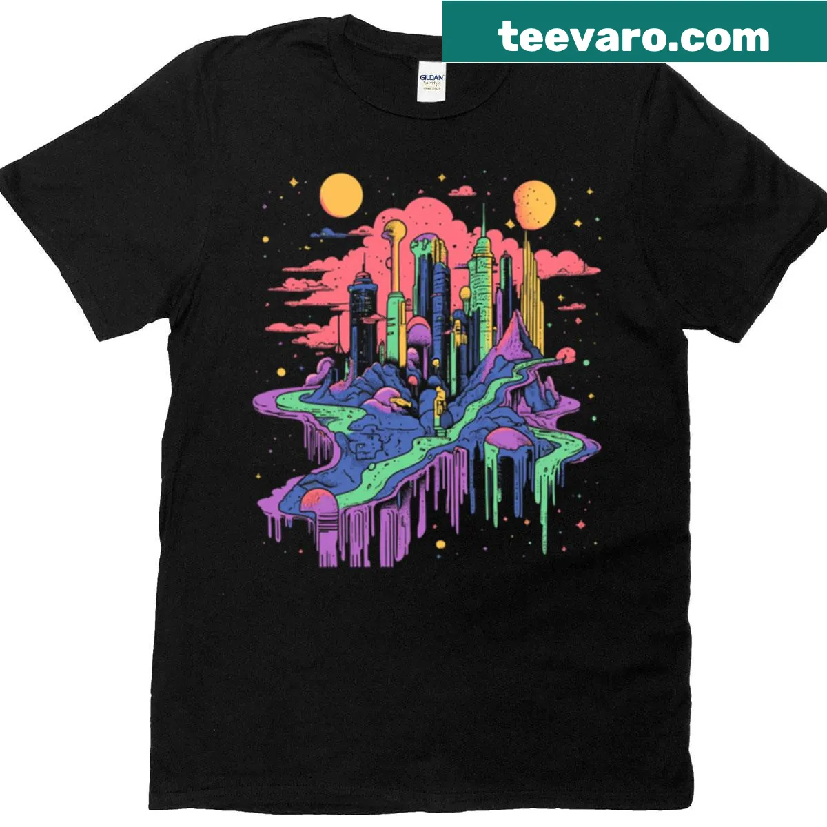 T-shirt featuring Memphis imagery and iconic symbols — on a men's t-shirt
