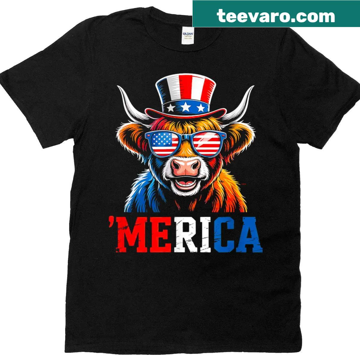 Cartoon highland cow in an American flag design for 4th of July — on a men's t-shirt