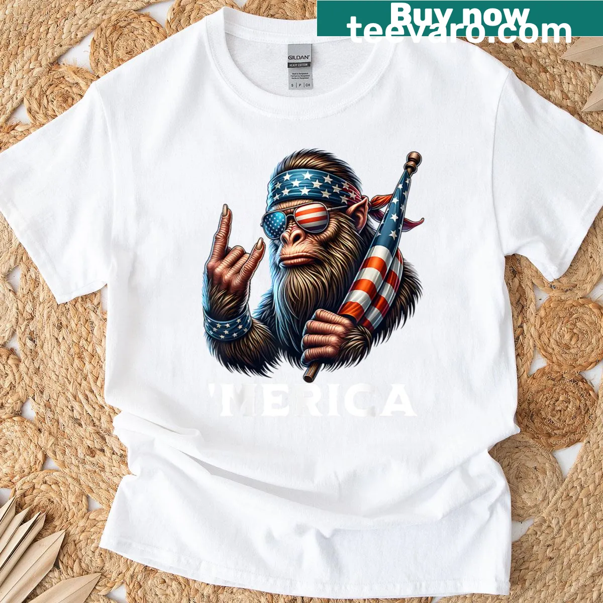 Patriotic t-shirt featuring a playful Bigfoot design — on a men's t-shirt