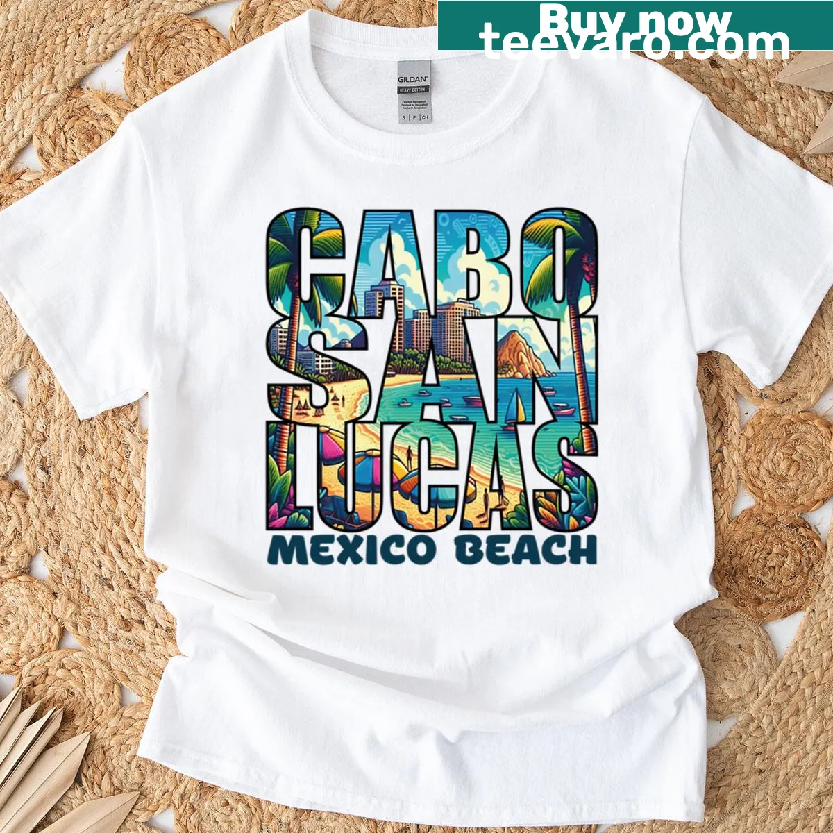 Tropical Cabo-themed design on a travel t-shirt — on a men's t-shirt