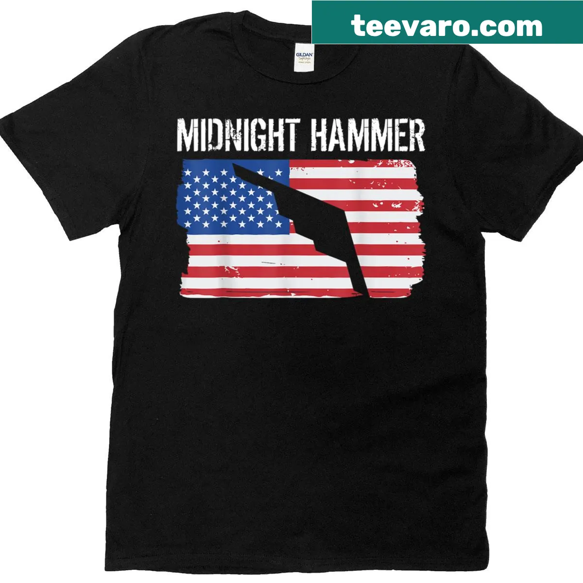 B-2 Stealth Bomber with American flag design for July 4th — on a men's t-shirt