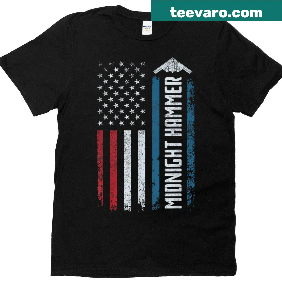B-2 Stealth Bomber with USA flag graphic T-shirt — on a men's t-shirt