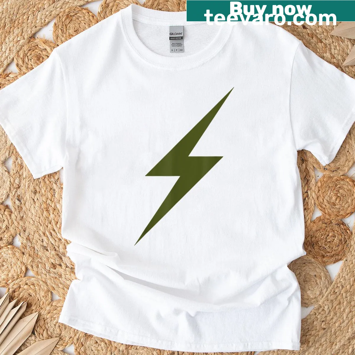 Minimalist lightning bolt graphic on military green T-shirt. — on a men's t-shirt