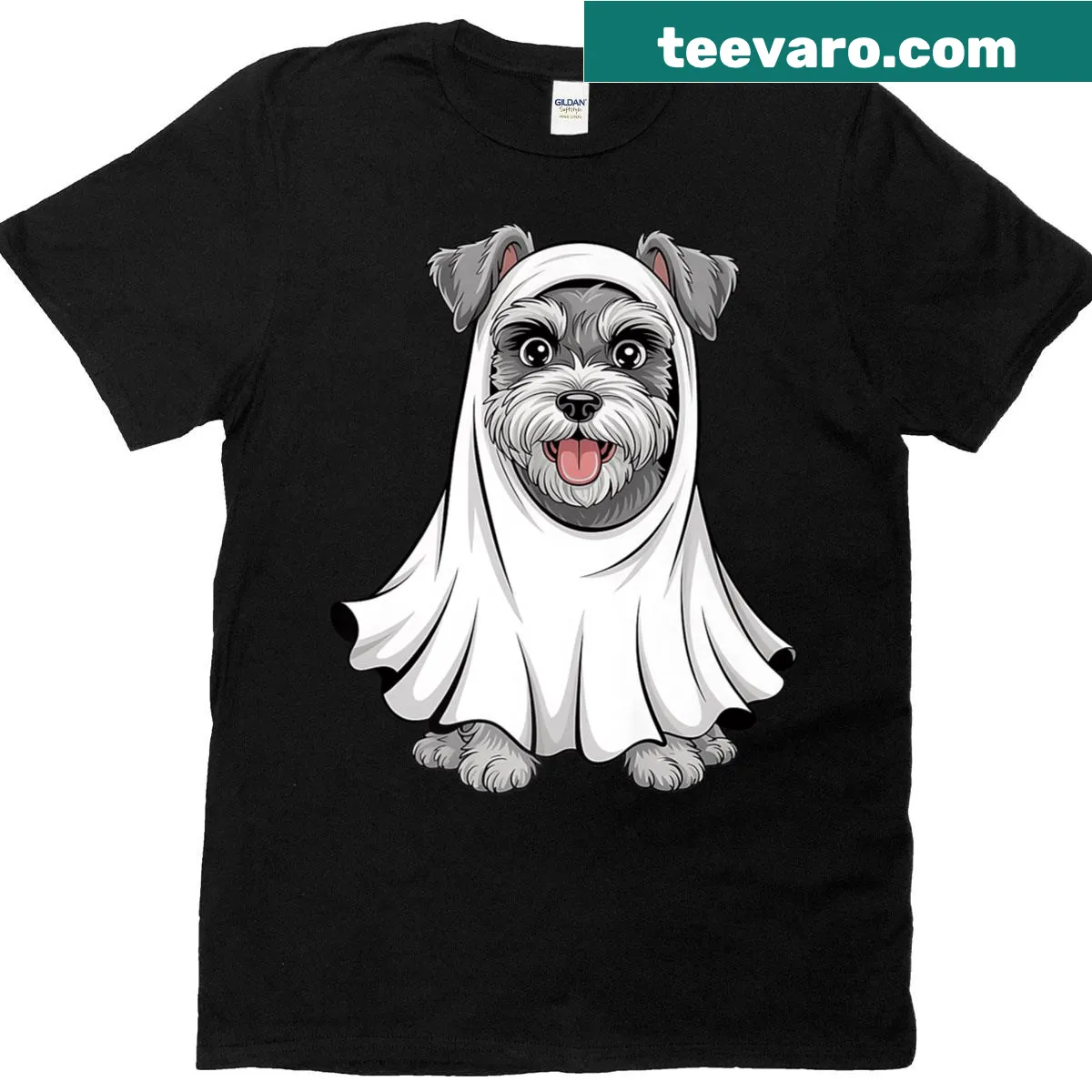T-shirt featuring a cartoon Miniature Schnauzer ghost and pumpkin for Halloween — on a men's t-shirt