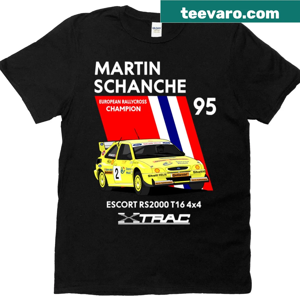 Vintage-style black T-shirt with Mister Rallycross T16 graphic — on a men's t-shirt