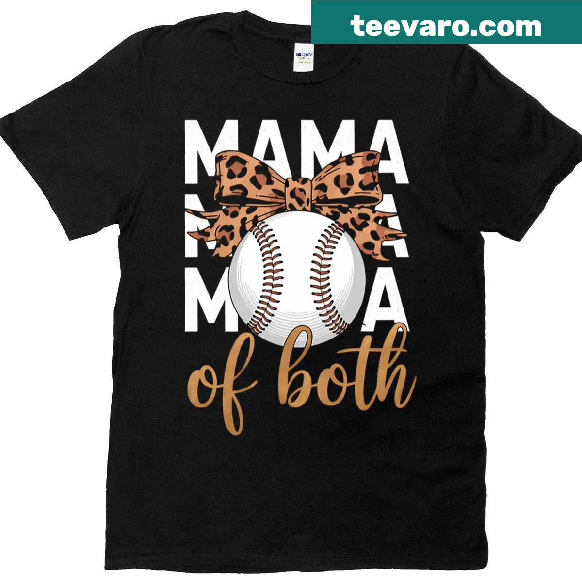 Mom T-shirt featuring baseball and softball design with leopard print — on a men's t-shirt