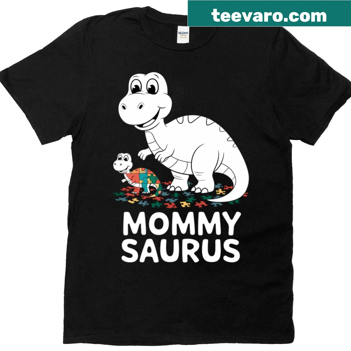 Cute dinosaur design saying Mommy Saurus for autism awareness — on a men's t-shirt