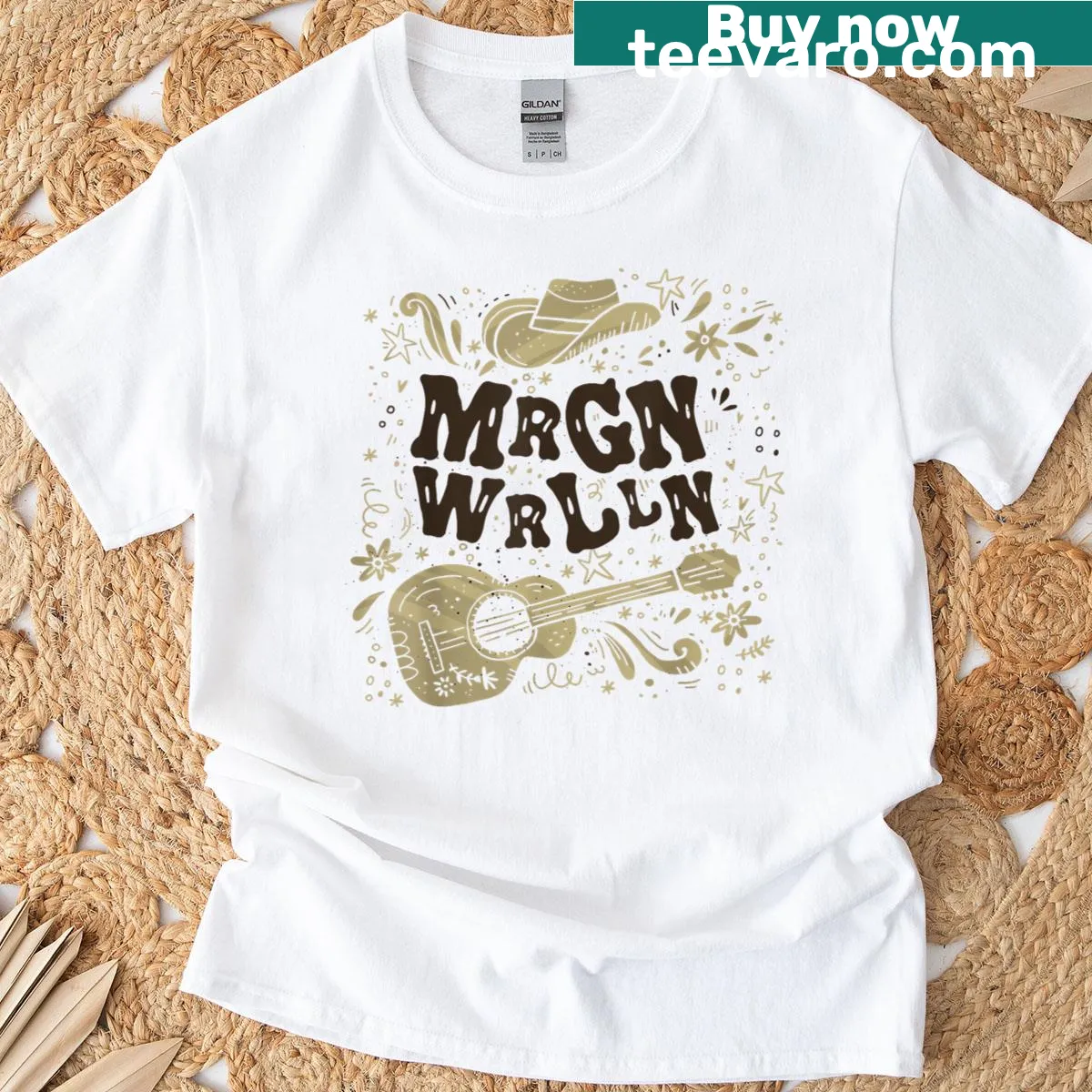 Illustrative guitar graphic on Mrgn Wrlln t-shirt, designed for music lovers. — on a men's t-shirt