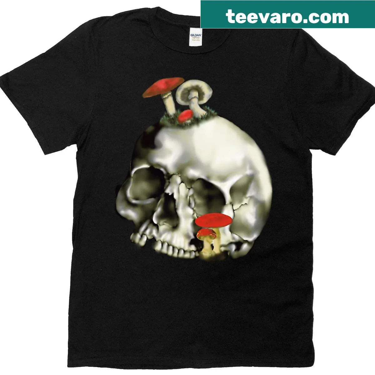 Illustration of a skull with mushrooms on a T-shirt — on a men's t-shirt