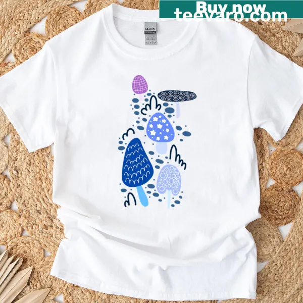 Fun mushroom graphic on Mushroom Vibes t-shirt promoting nature appreciation.