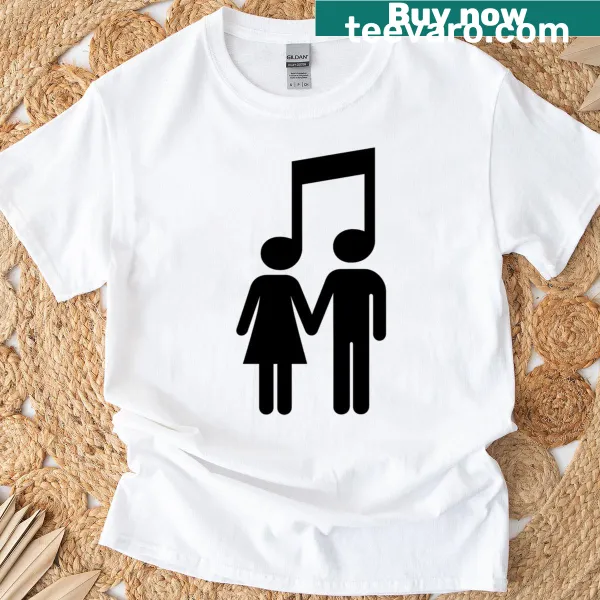 Illustration of stick figures holding hands with music notes on t-shirt