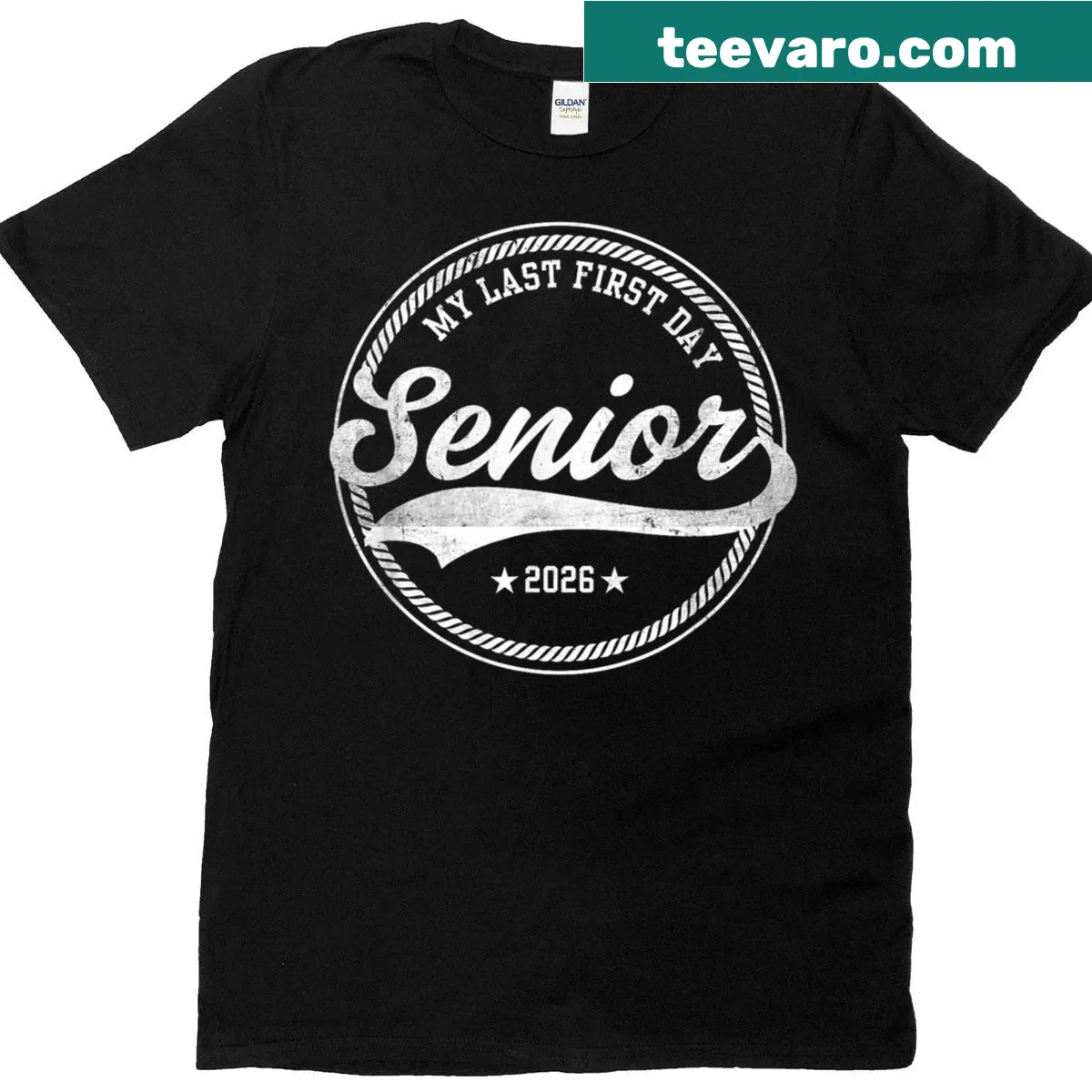 Text 'My Last First Day Senior 2026' on T-shirt — on a men's t-shirt