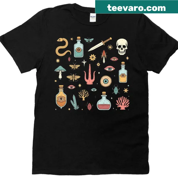 T-shirt featuring various mystic alchemy symbols in an intricate design