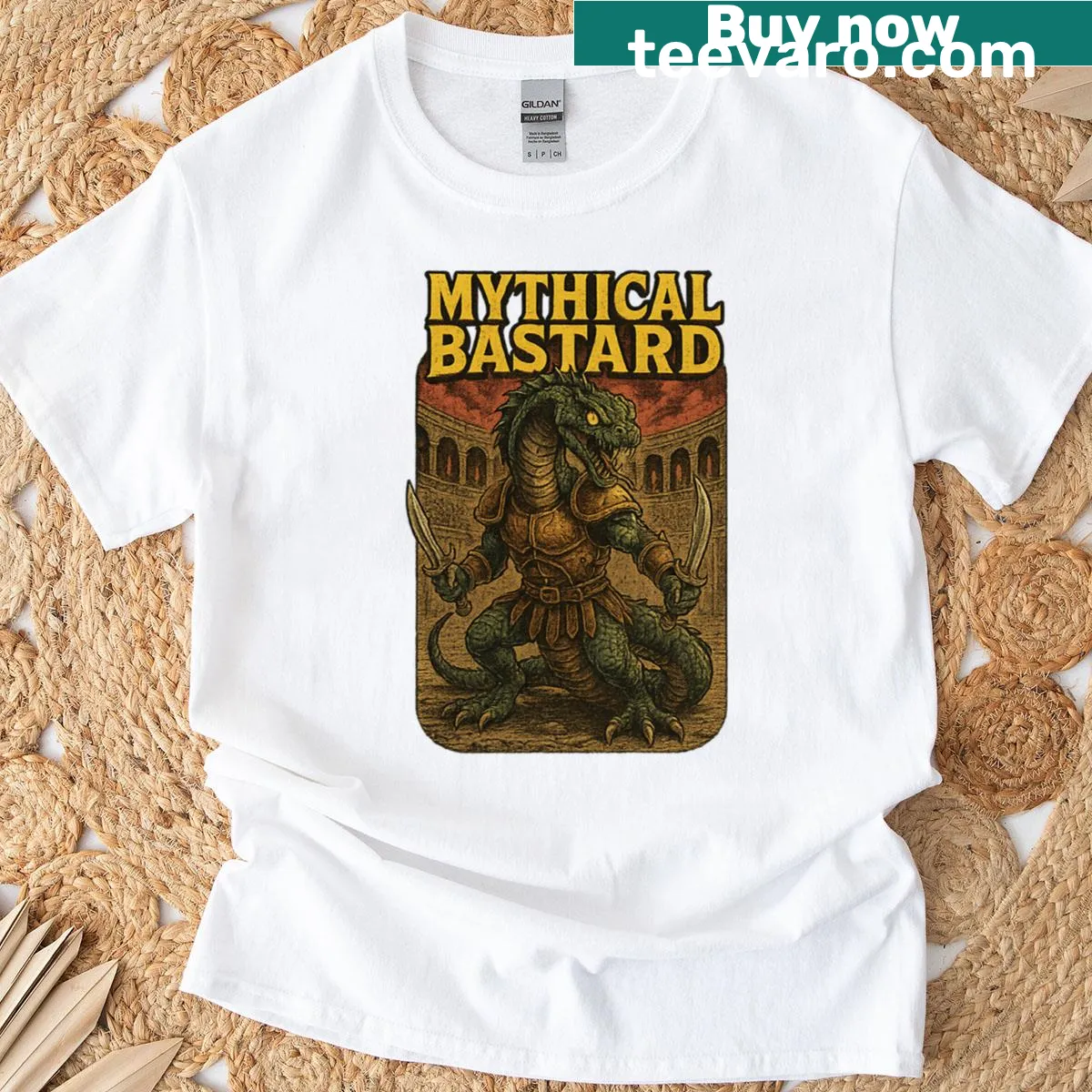 Retro basilisk graphic on a gladiator-themed T-shirt — on a men's t-shirt