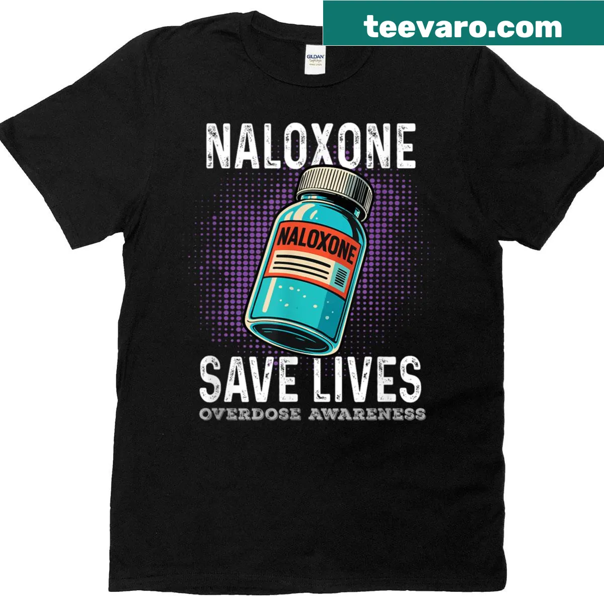 T-shirt with the word 'Naloxone' promoting overdose awareness — on a men's t-shirt