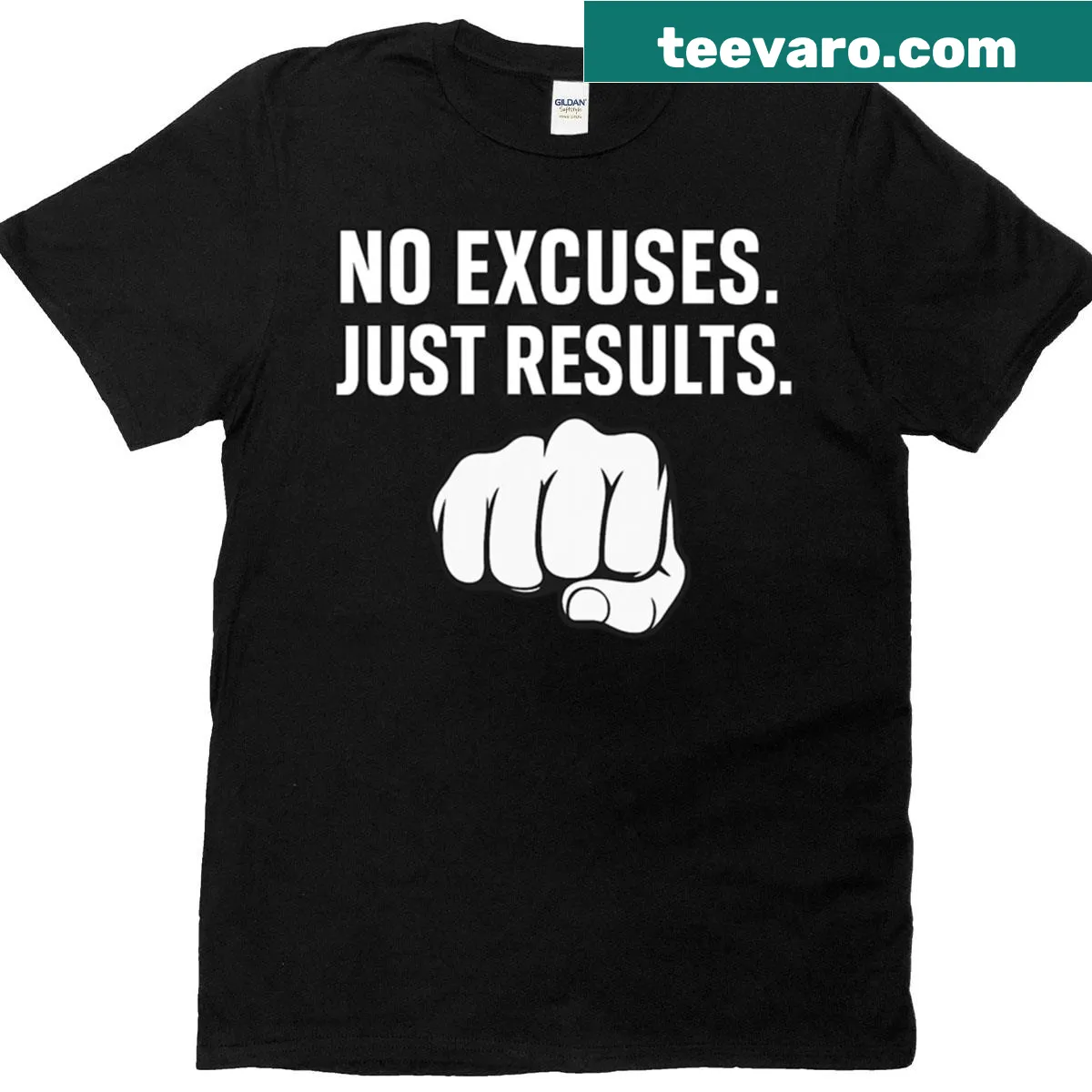Motivational T-shirt with bold 'No Excuses Just Results' typography and fist graphic — on a men's t-shirt