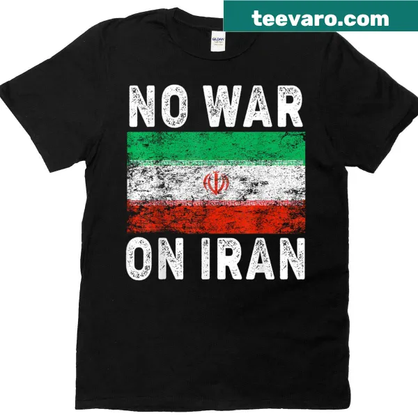 T-shirt with Iranian flag graphic promoting peace against war.