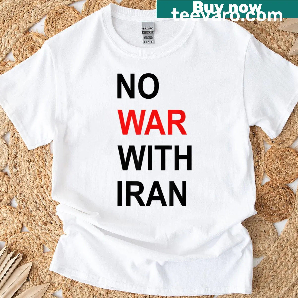 Bold T-shirt with 'No War With Iran' printed prominently — on a men's t-shirt