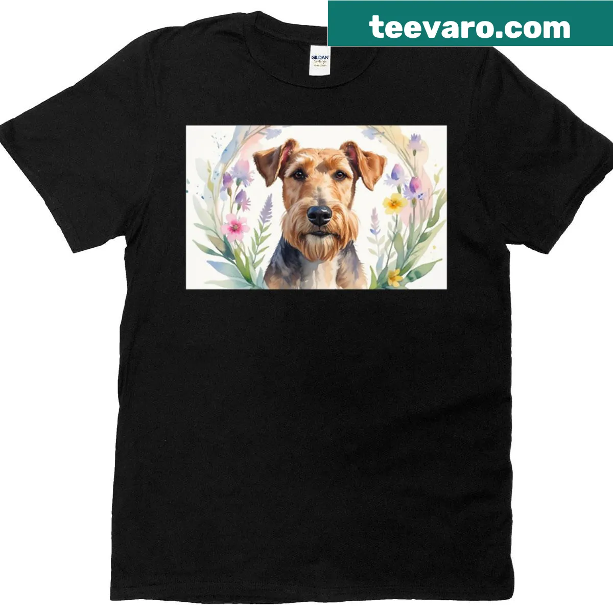 Oversized T-shirt featuring a realistic portrait of an Airedale Terrier — on a men's t-shirt