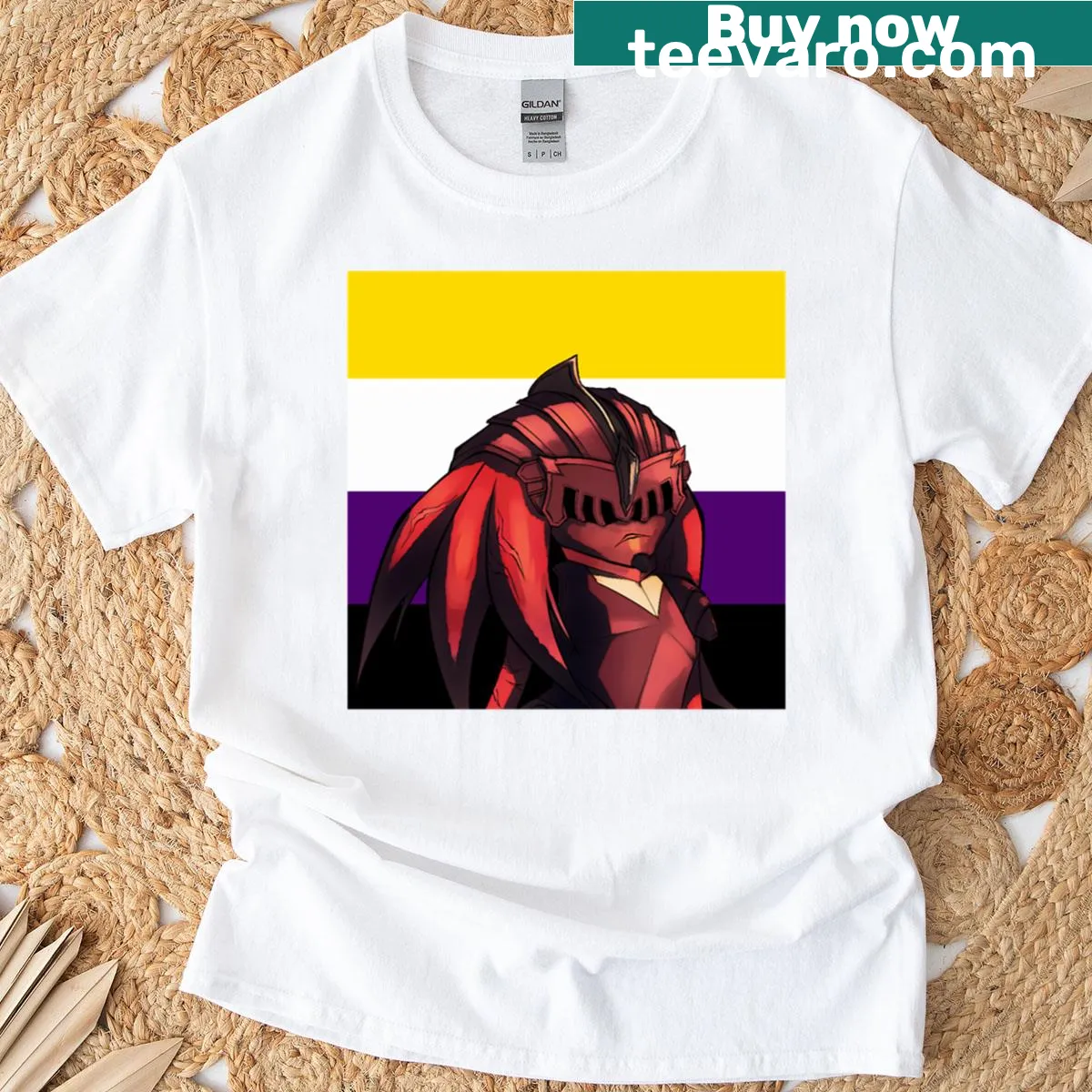 Illustration of non-binary Sir Gawain graphic T-shirt — on a men's t-shirt