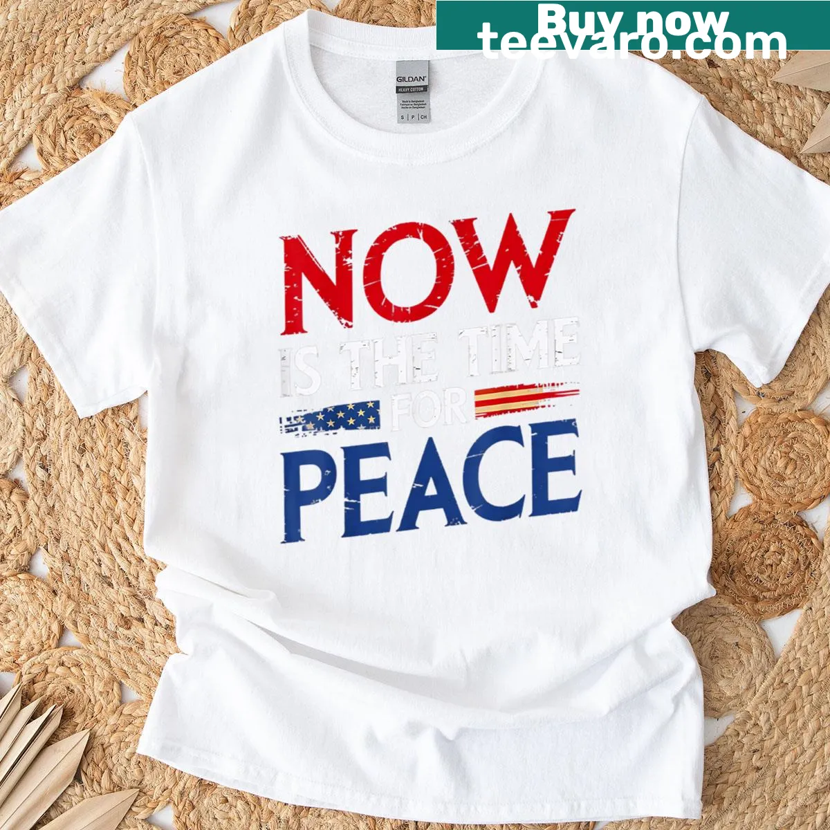 Vintage US flag graphic with 'Now Is The Time For Peace' text — on a men's t-shirt