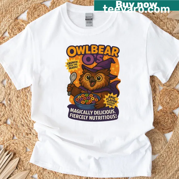 T-shirt featuring a whimsical illustration of an owlbear