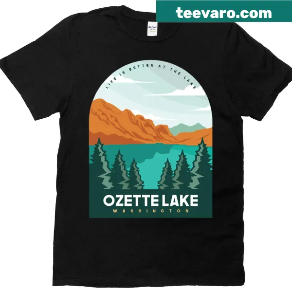 Illustrated T-shirt featuring Ozette Lake, mountains, and pine trees